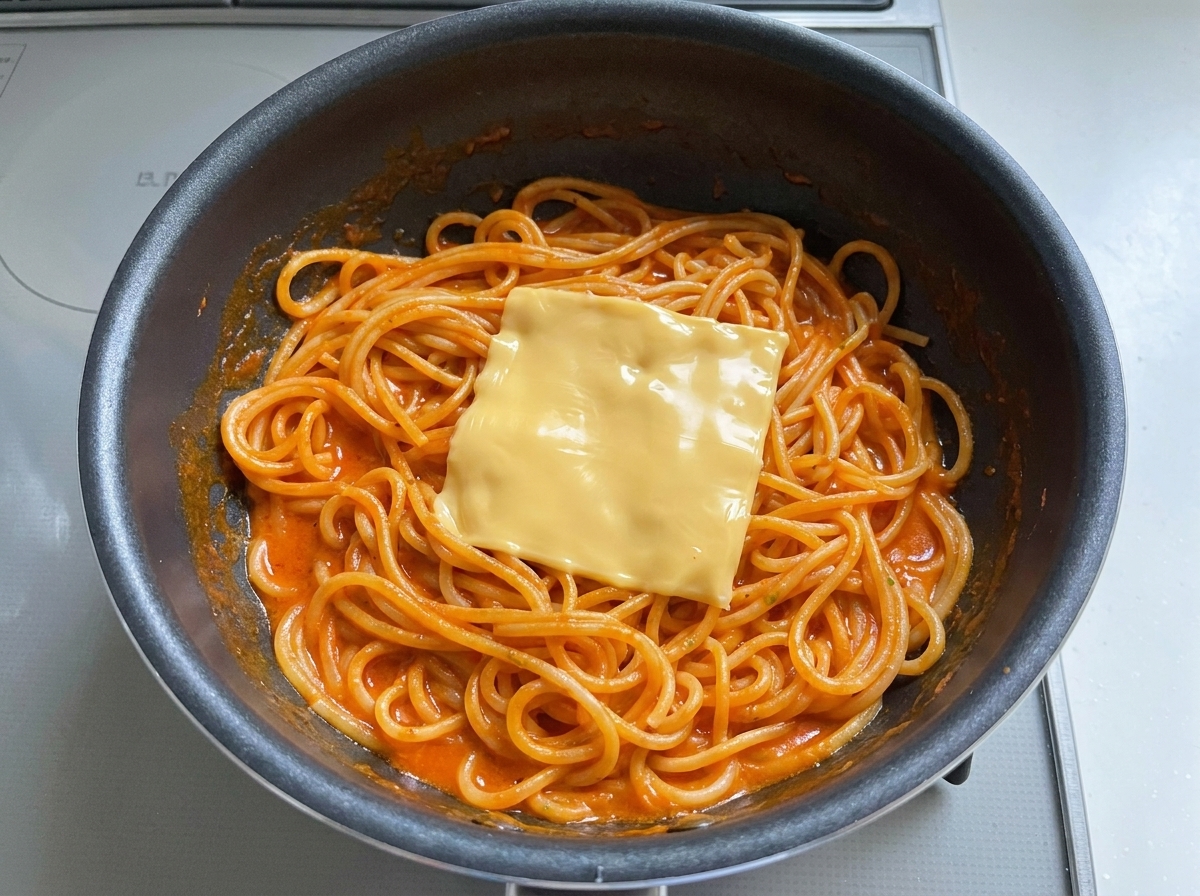 Una loncha de queso amarillo colocada sobre los espaguetis con salsa en la sartén.