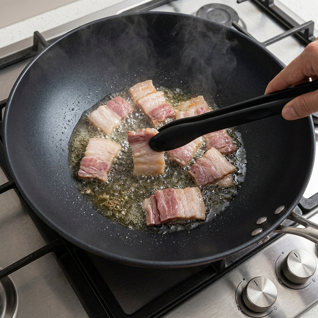 Trozos de tocino friéndose en un wok caliente mostrando su grasa derretida.