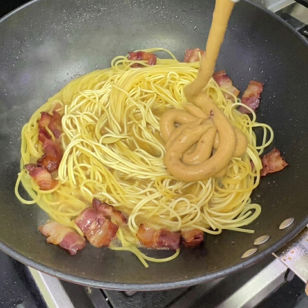 Salsa espesa de queso y crema vertiéndose sobre los espaguetis en el wok.