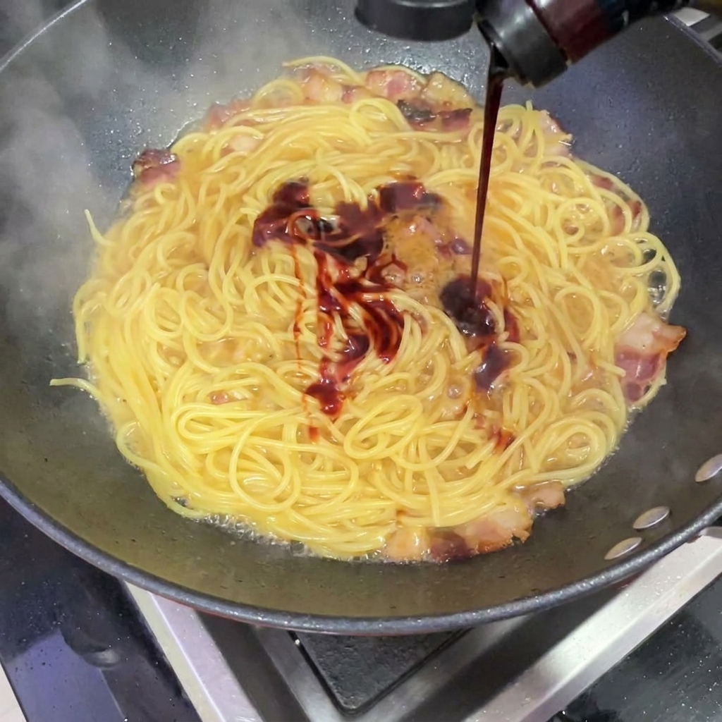 Salsa buldak roja y oscura vertiéndose sobre los espaguetis y el tocino en el wok.
