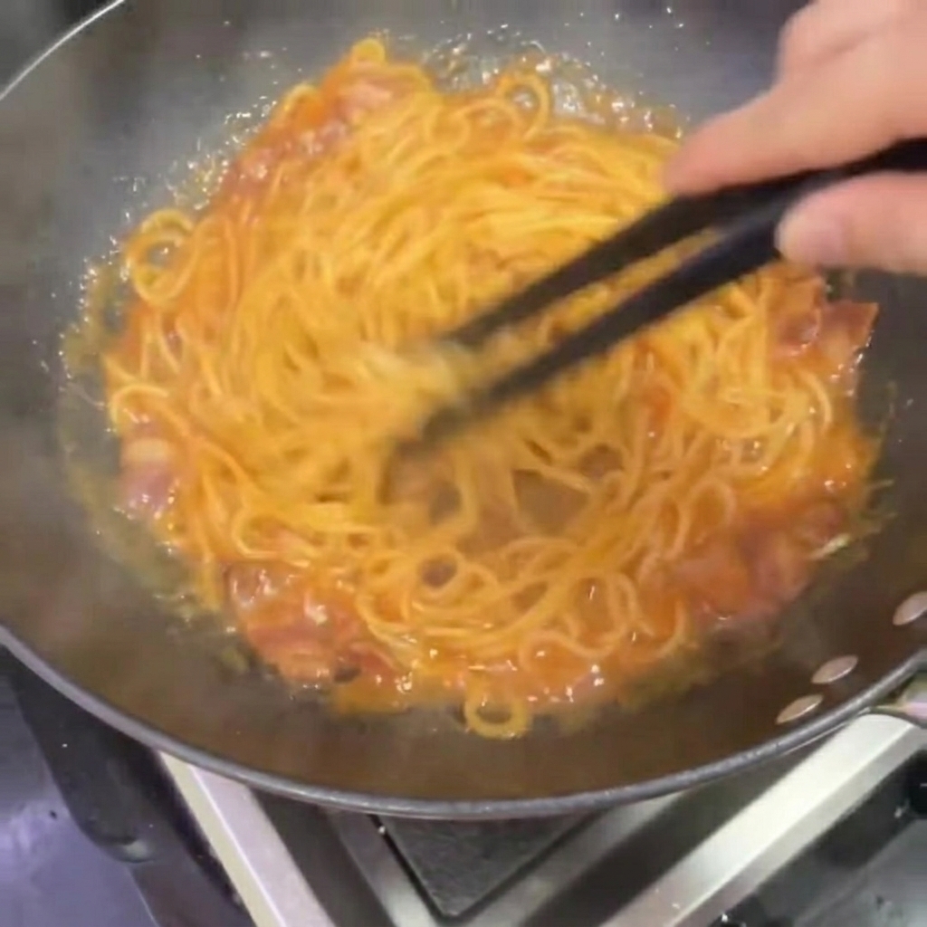 Espaguetis mezclándose con palillos en un wok para cubrirlos con la salsa picante y cremosa.