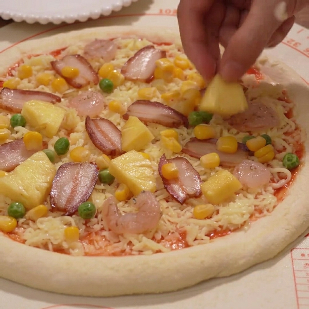 Añadiendo piña, maíz y guisantes sobre la pizza.