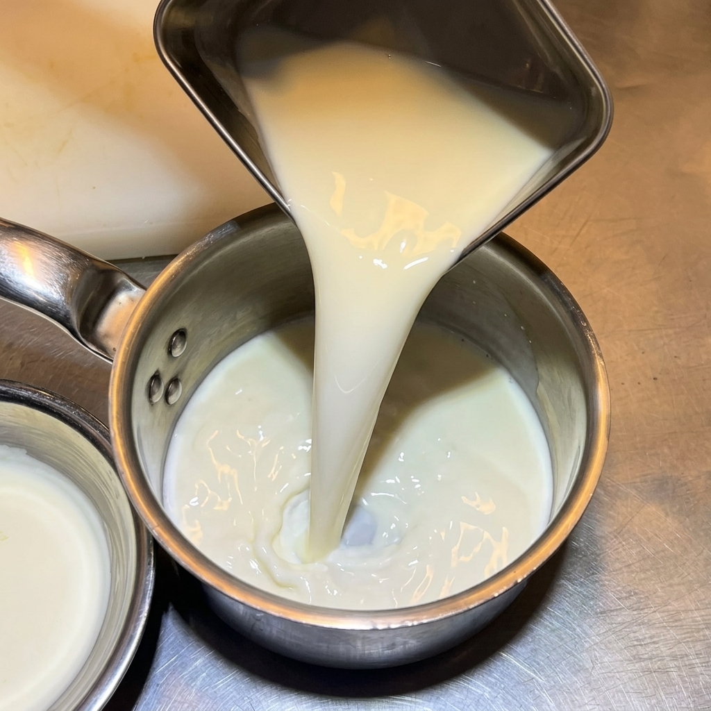 Vertiendo leche en una cacerola de acero inoxidable.