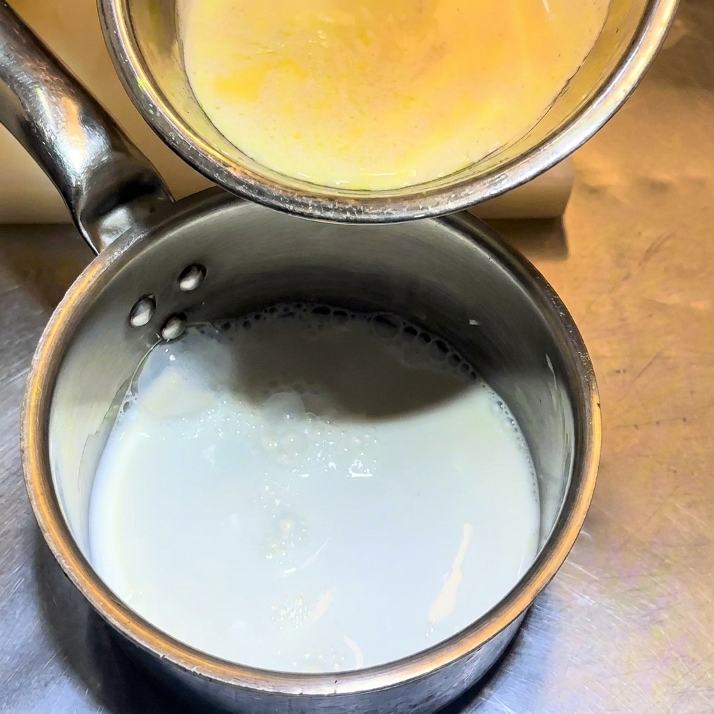 Vertiendo crema de leche en una cacerola con leche.