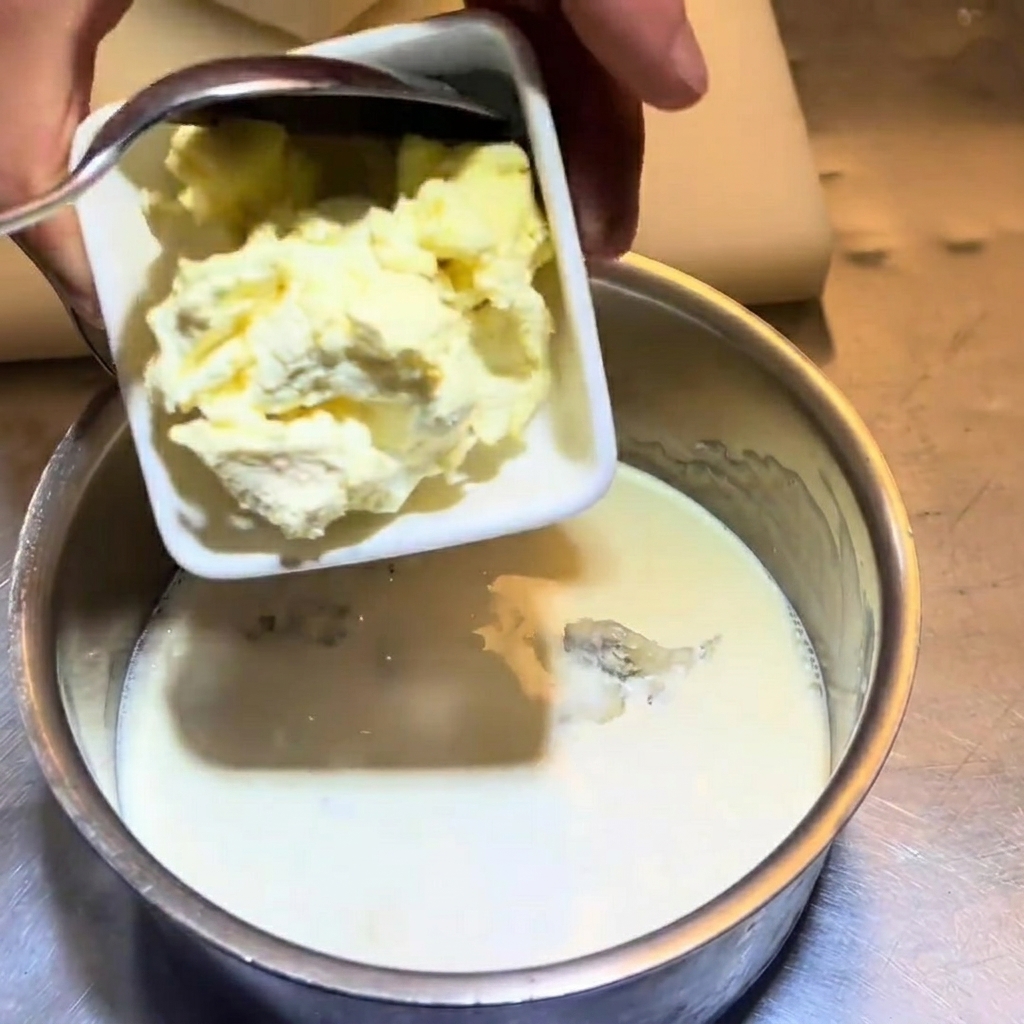 Usando una cuchara para deslizar trozos de queso crema en una cacerola.