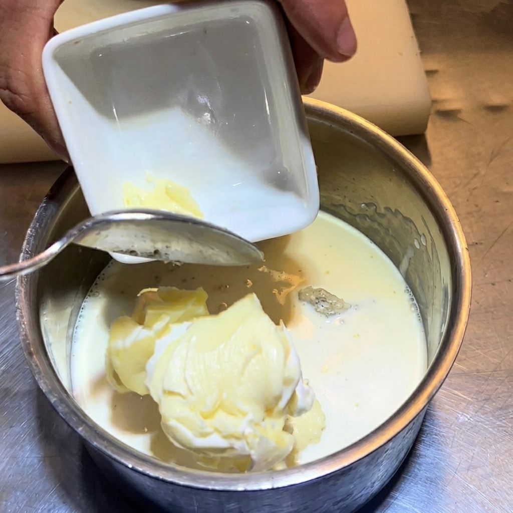 Rebanadas de queso brie suave cayendo en una cacerola que contiene leche, crema, queso azul y queso crema.