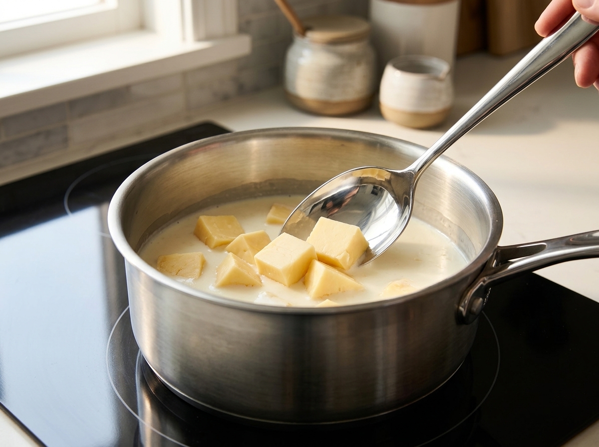 Revolviendo trozos de queso en un líquido blanco y cremoso dentro de una cacerola.