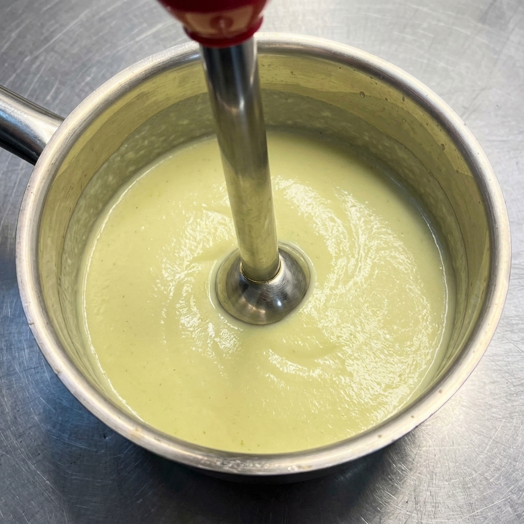 Una licuadora de inmersión mezclando una salsa de queso amarilla pálida y suave en una cacerola de acero inoxidable.