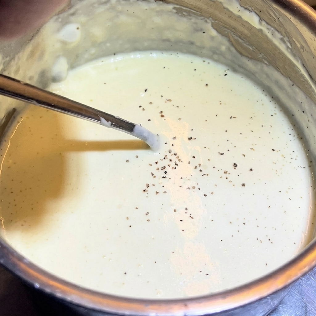 Pimienta negra recién molida esparcida sobre la superficie de una cremosa salsa blanca para pizza ya terminada en una cacerola.