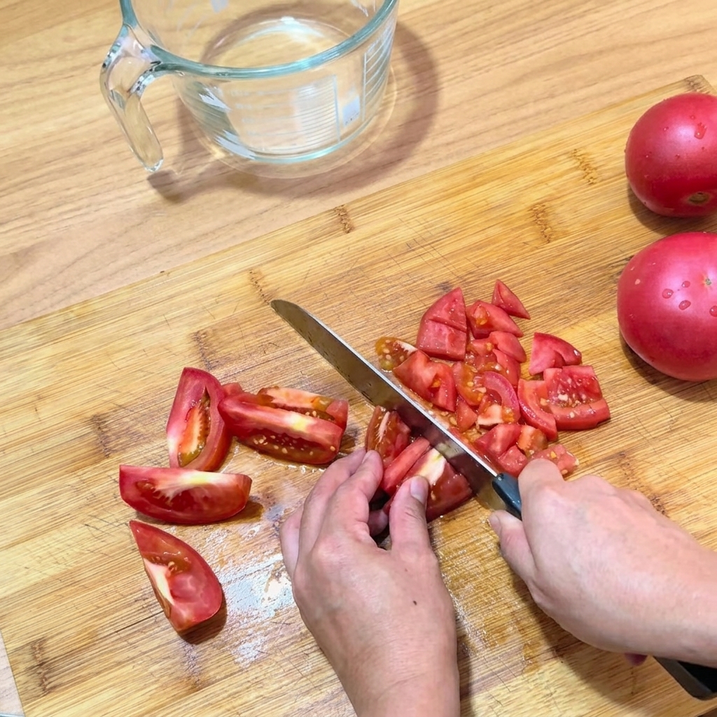 Manos cortando cuidadosamente un tomate rojo fresco en una tabla de madera.