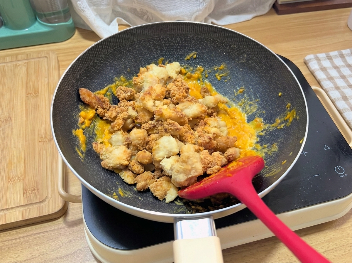 Piezas de pollo siendo cubiertas por la mezcla amarilla de huevo salado en la sartén.