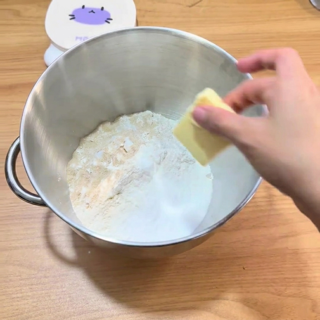 Los ingredientes en el bol de la batidora, listos para ser amasados.
