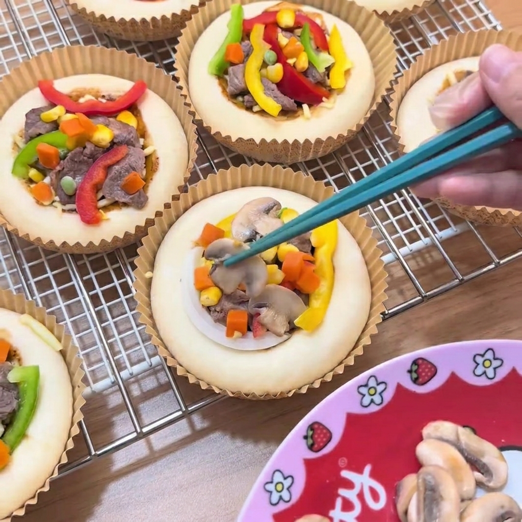 Usando palillos para colocar champiñones sobre una pizza con ternera, pimientos, maíz y guisantes.