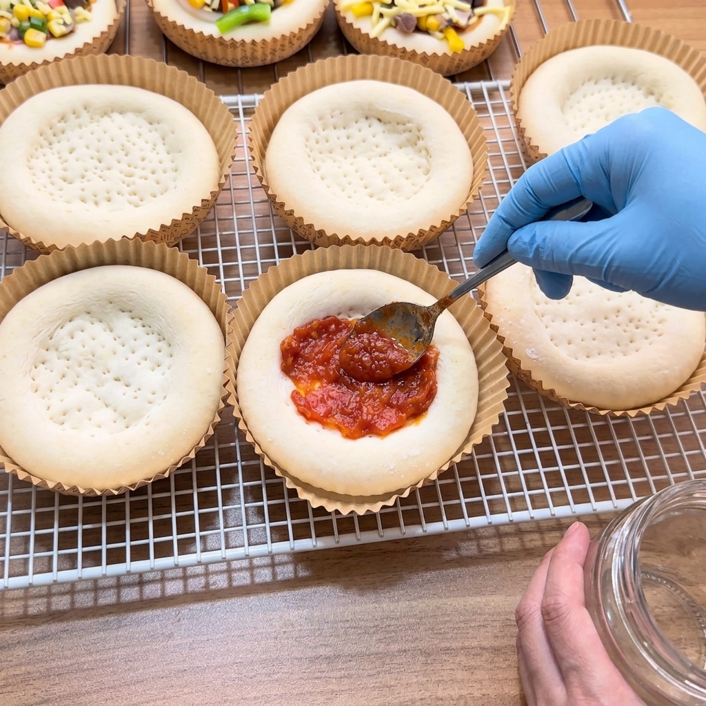 Una mano extendiendo salsa de tomate roja sobre una base de pizza precocida.