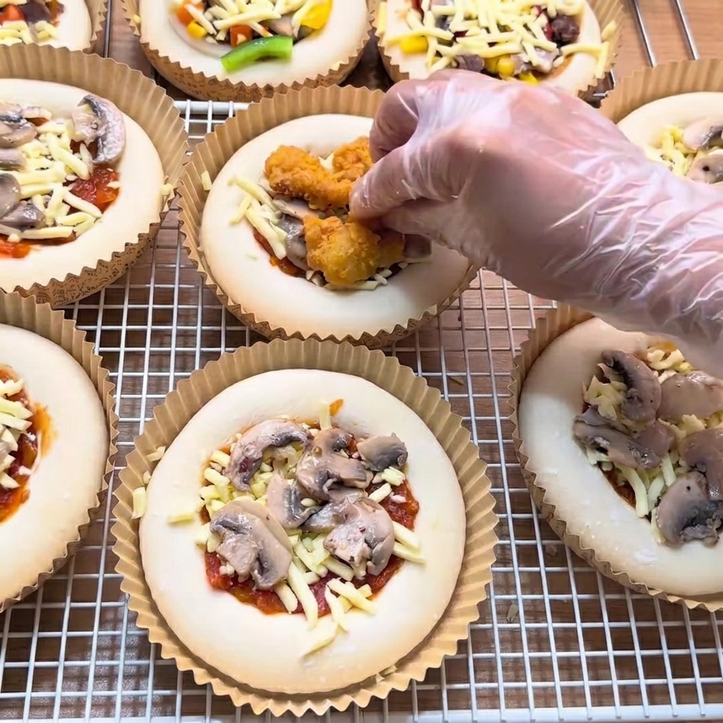 Una mano colocando piezas de pollo crujiente sobre una pizza con queso y champiñones.