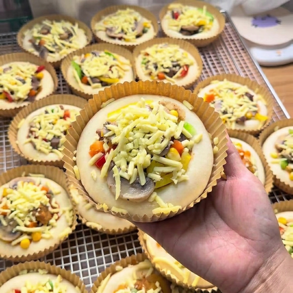 Una mano sosteniendo una mini pizza ensamblada, cubierta con abundante queso rallado.