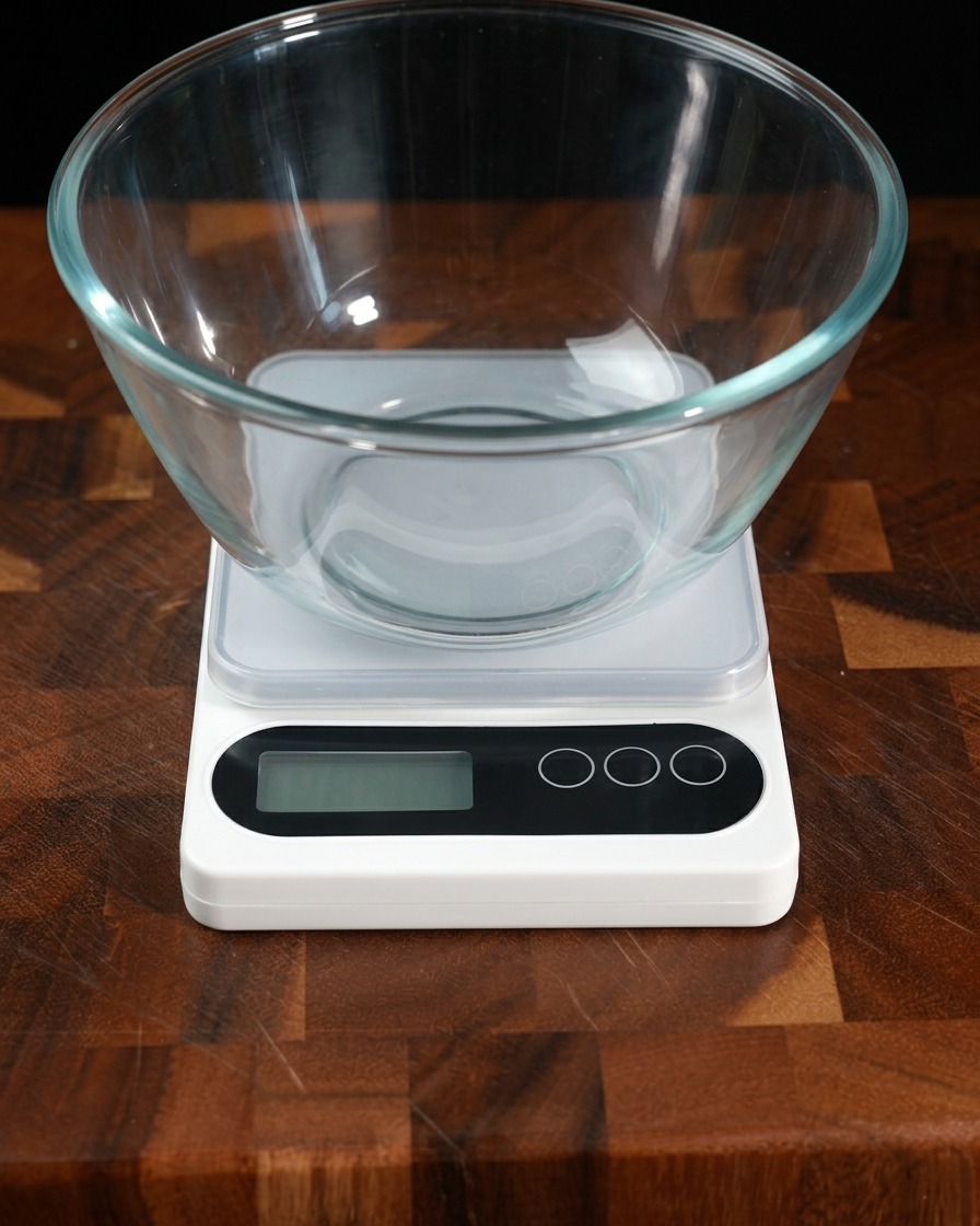 Una báscula de cocina digital que muestra la medida de harina en un bol de cristal.