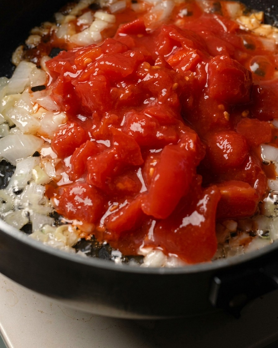 Cebolla picada, ajo y tomates triturados cocinándose en una sartén.
