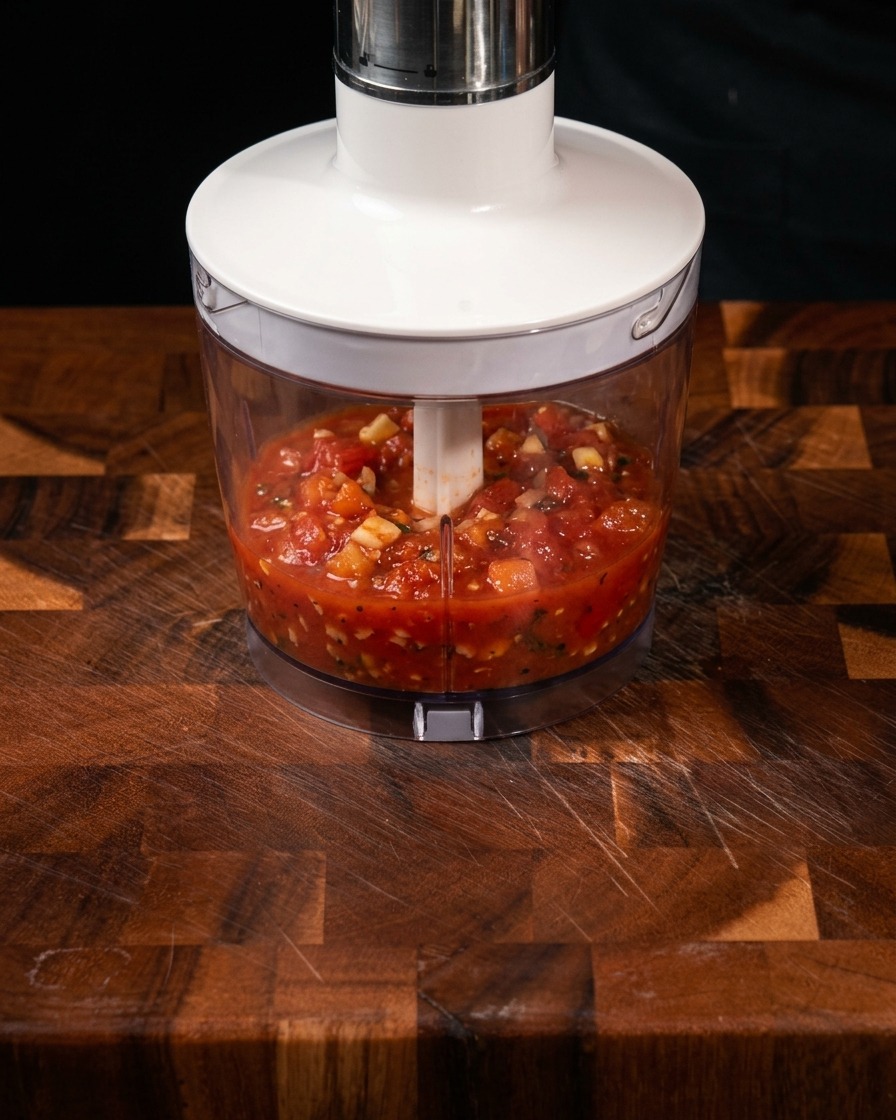 Salsa de tomate roja y suave dentro de un procesador de alimentos tras triturar.