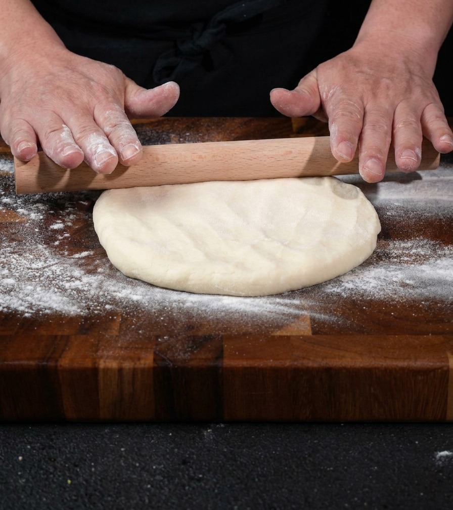 Un trozo de masa de pizza siendo estirado con un rodillo de madera sobre una tabla de cortar.