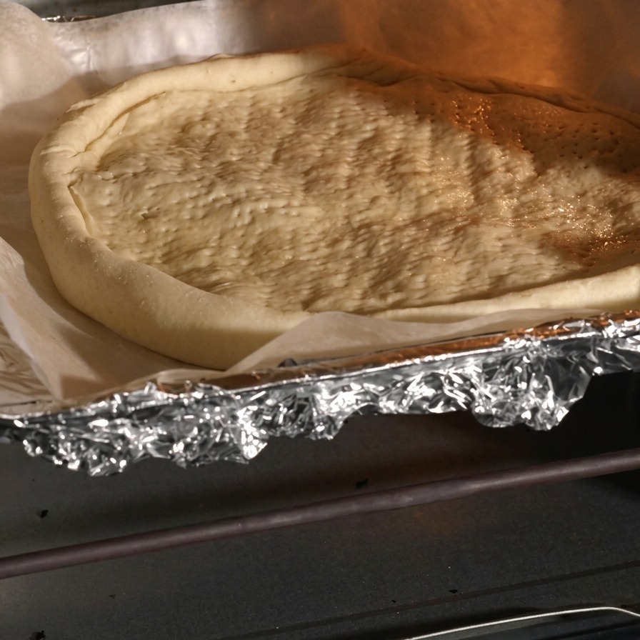 Masa de pizza prehorneada y lista para ser cubierta, sobre papel de horno.