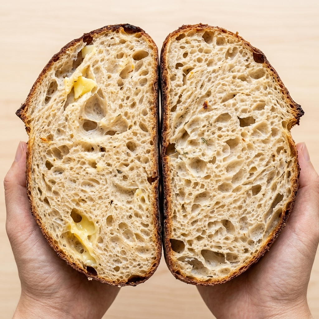 Primer plano de manos estirando un trozo de masa cruda para revelar una fina estructura de ventana de gluten.