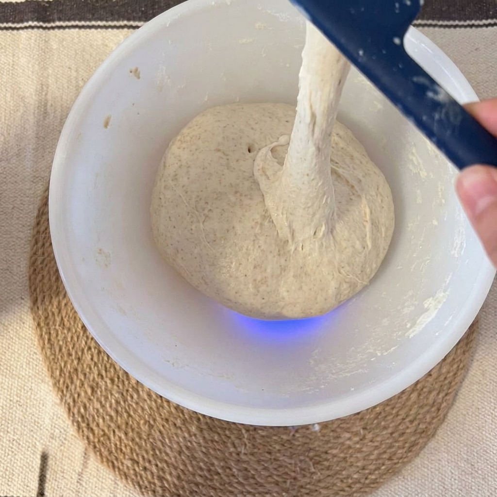 Masa madre, sal y agua vertiéndose en un bol de mezcla con la masa cruda.