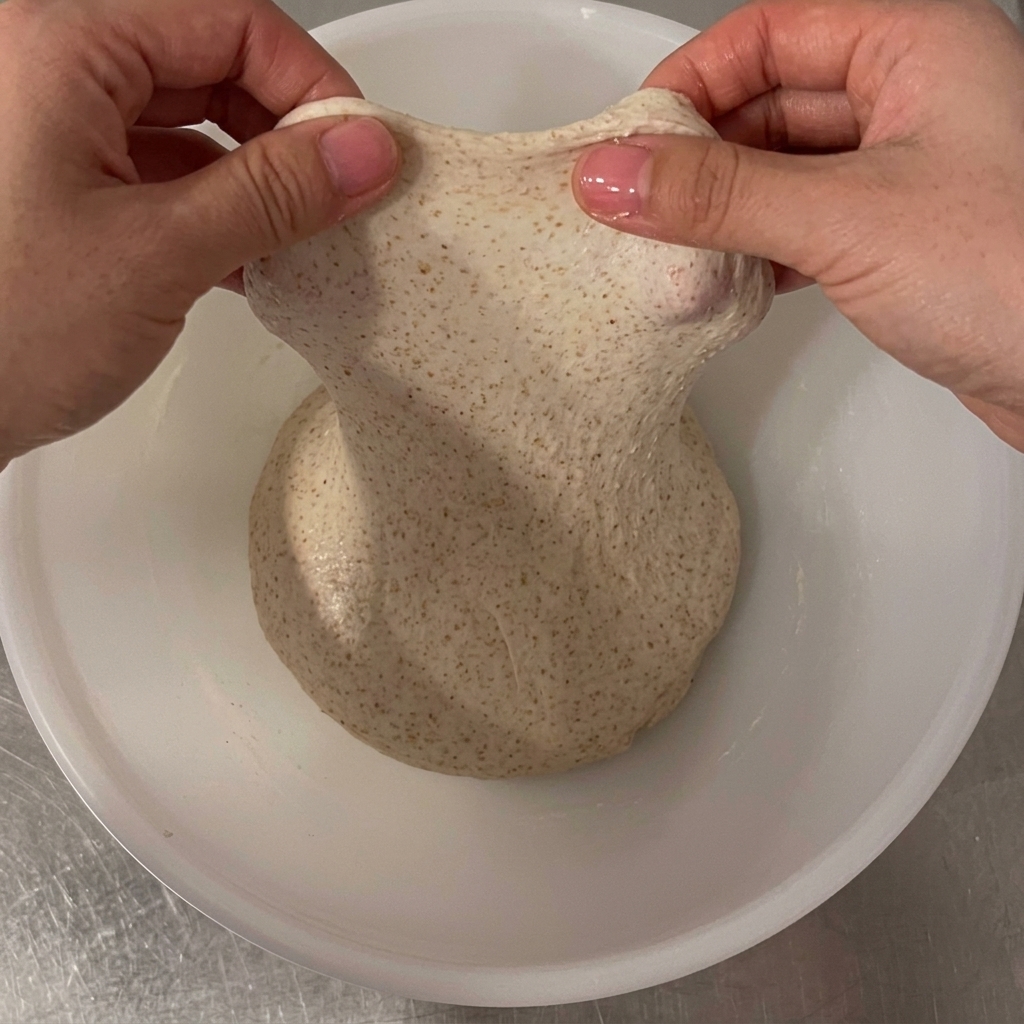 Manos levantando una porción de masa cruda para mostrar su ventana de gluten elástica y fuerte.