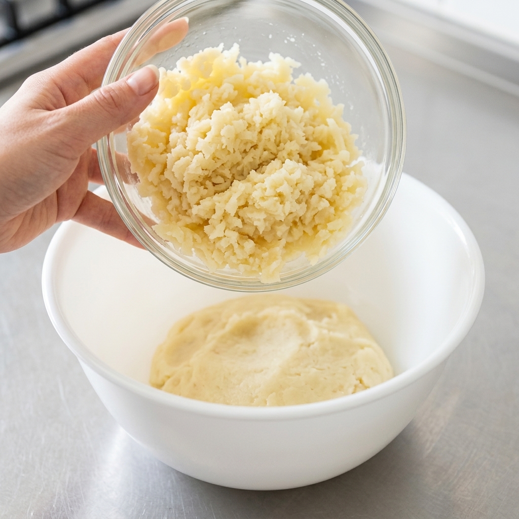 Puré de patatas y agujas de romero fresco siendo añadidas a la masa cruda en un bol.
