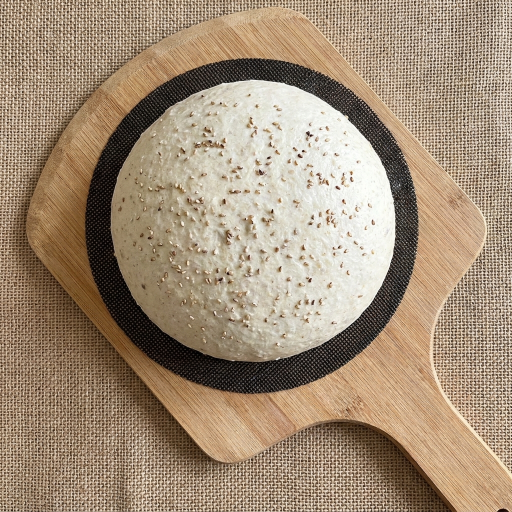 Primer plano de una masa de masa madre redondeada cortándose con una cuchilla para crear una línea de apertura limpia.
