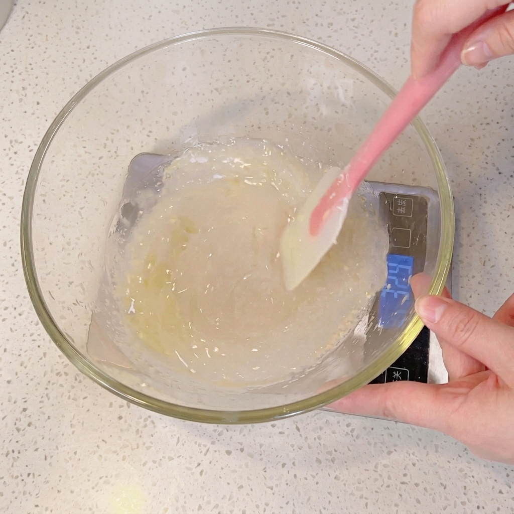 Una espátula mezclando los ingredientes de la masa en un bol de cristal.