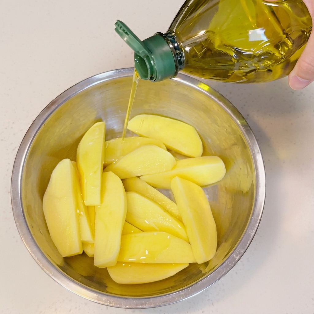 Aceite de oliva siendo vertido sobre cuñas de patata en un bol.