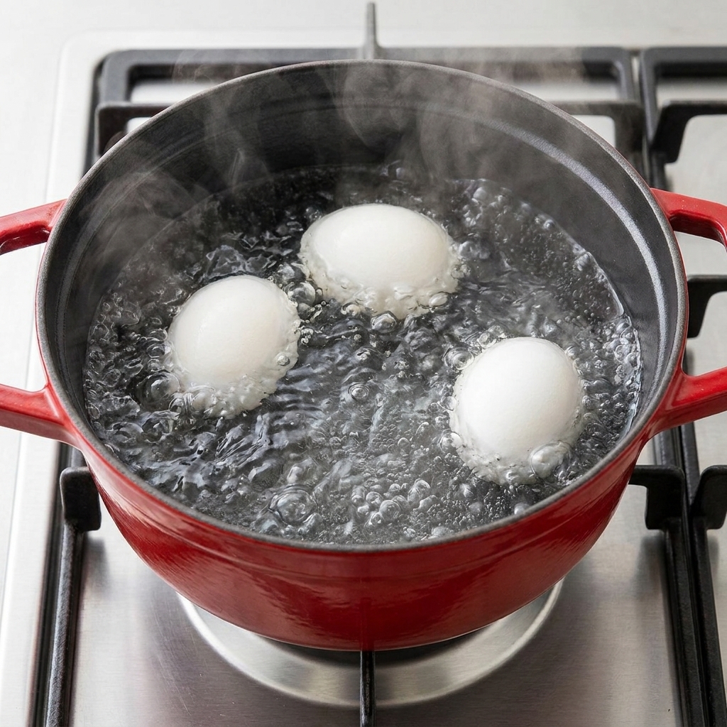 Tres huevos hirviendo en una olla roja sobre la cocina.