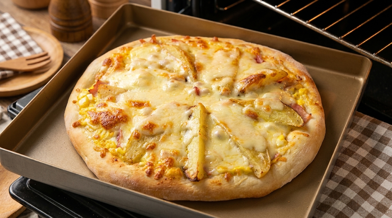 Pizza con cuñas de patata y ensalada de huevo cremosa
