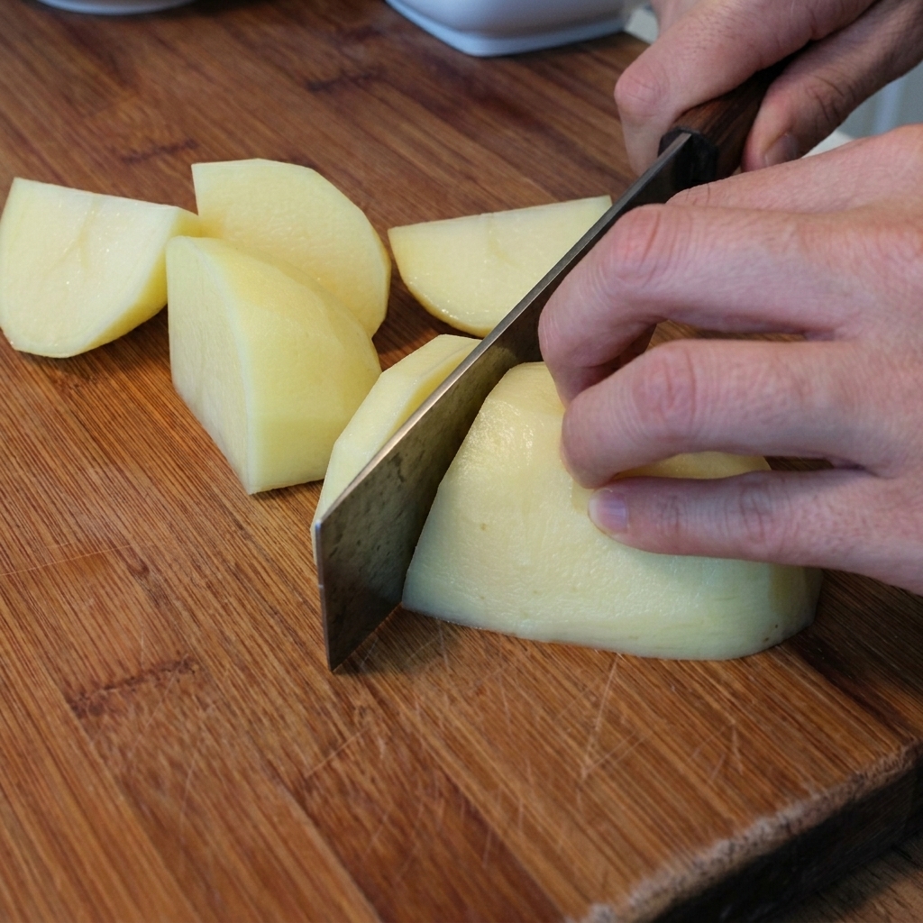 Una mano usando un cuchillo para cortar patatas peladas en trozos sobre una tabla de cortar de madera.