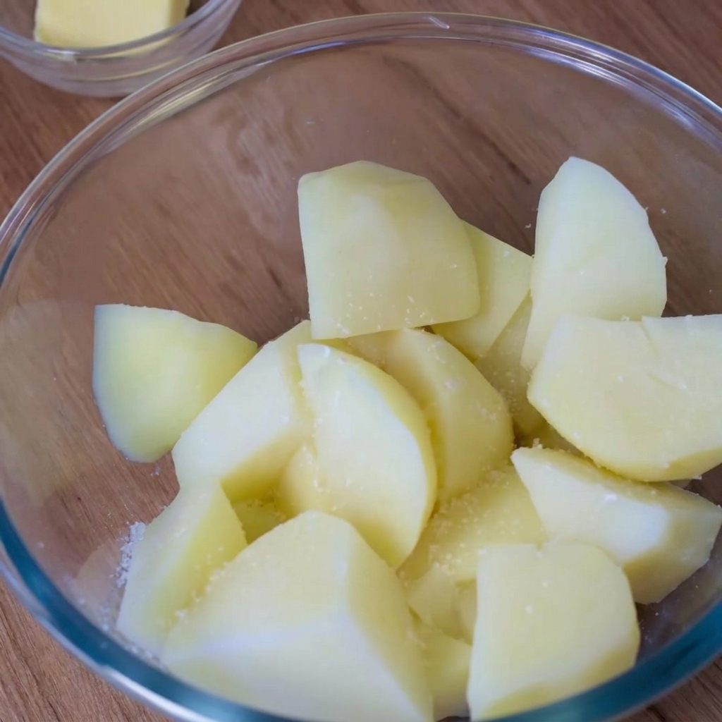 Trozos de patata hervida en un bol de cristal espolvoreados ligeramente con condimento blanco.