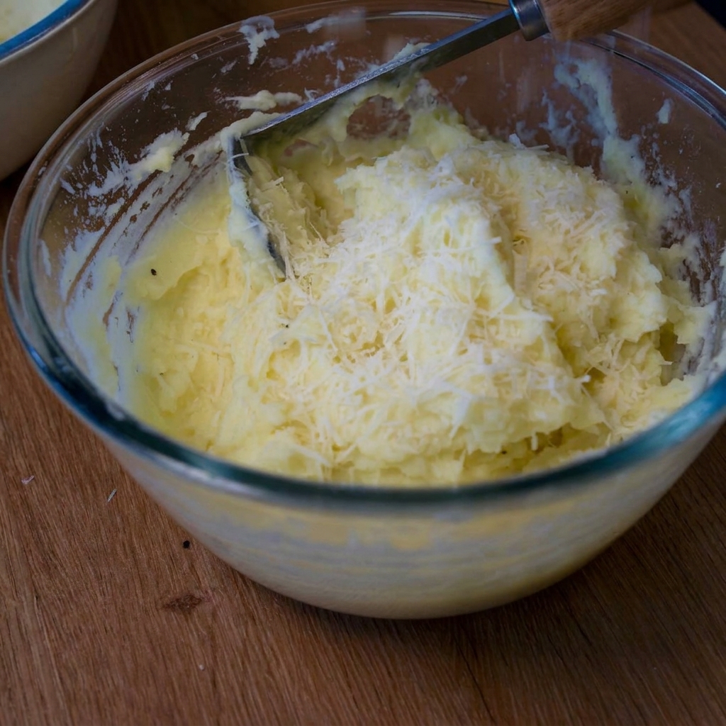 Queso parmesano rallado espolvoreado generosamente sobre un cremoso puré de patatas en un bol de cristal.