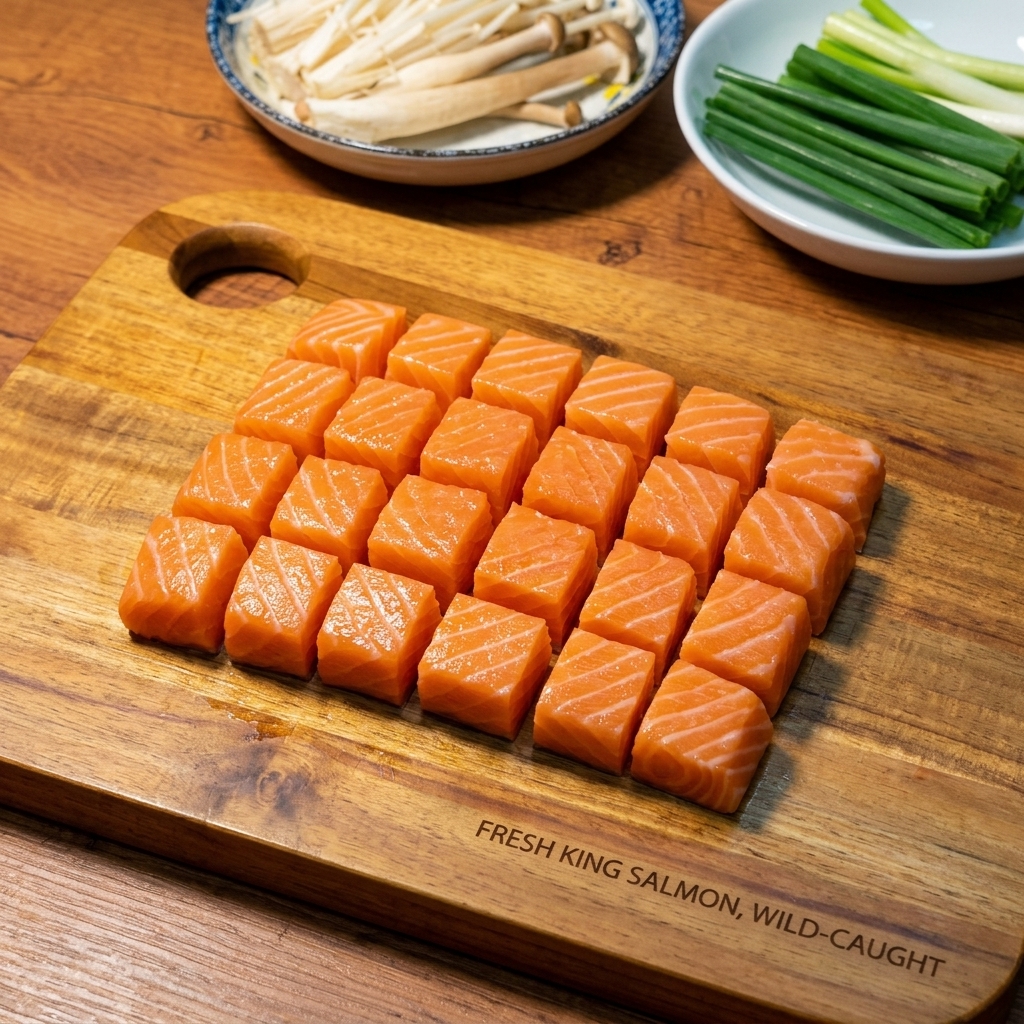 Salmón crudo fresco de color naranja brillante cortado en cubos uniformes sobre una tabla de cortar de madera.