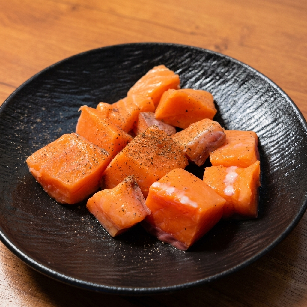 Trozos de salmón crudo cortados en dados salpicados con pimienta negra molida sobre un plato oscuro.