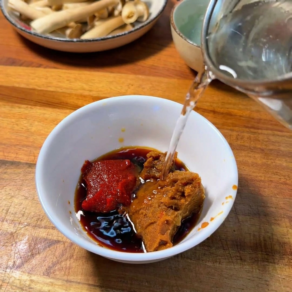 Vertiendo agua clara en un tazón blanco que contiene porciones de pasta de chile rojo, miso marrón y salsa de soja oscura.