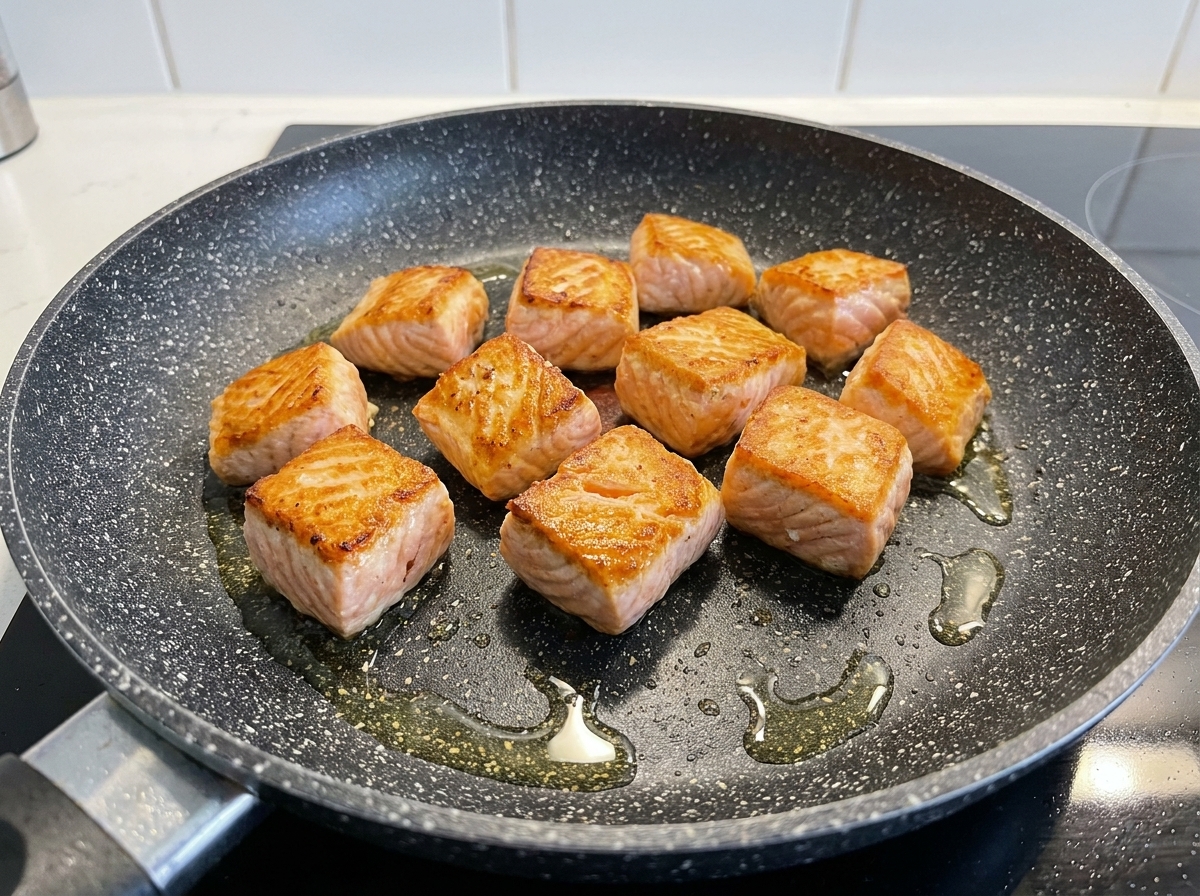 Cubos de salmón chisporroteando en una sartén caliente con aceite de cocina, desarrollando una corteza cocida de color marrón dorado.
