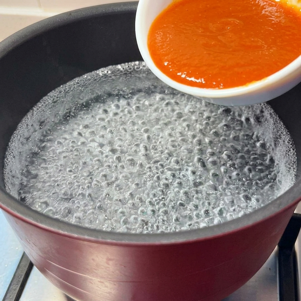 La mezcla de salsa de miso rojo-naranja siendo vertida desde un pequeño tazón blanco en una olla de agua hirviendo.