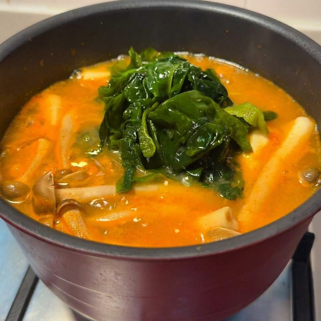 Setas shimeji y alga wakame suave hirviendo a fuego lento en un caldo de miso picante de color rojo anaranjado.