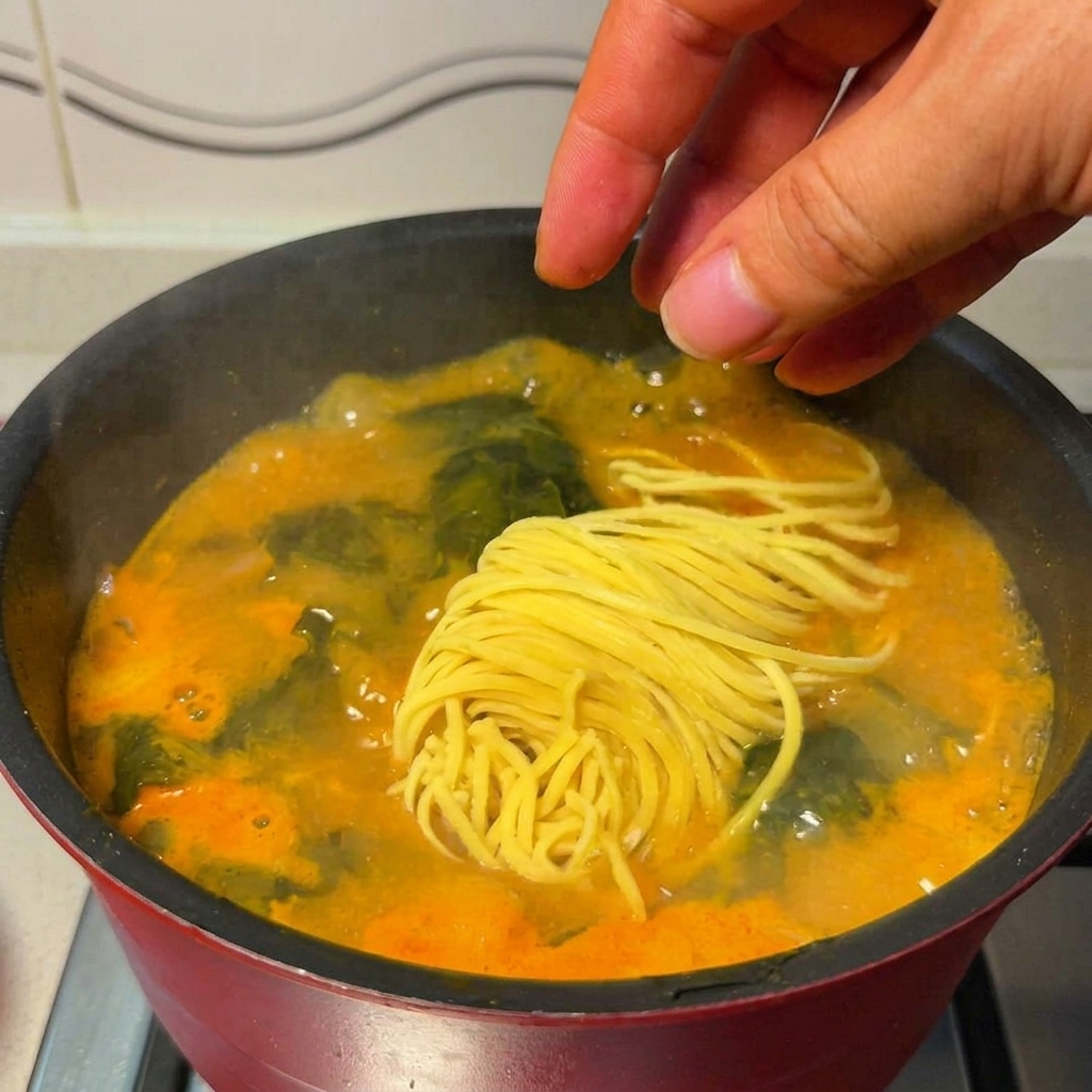 Fideos ramen amarillos frescos siendo añadidos a la olla de sopa hirviendo.