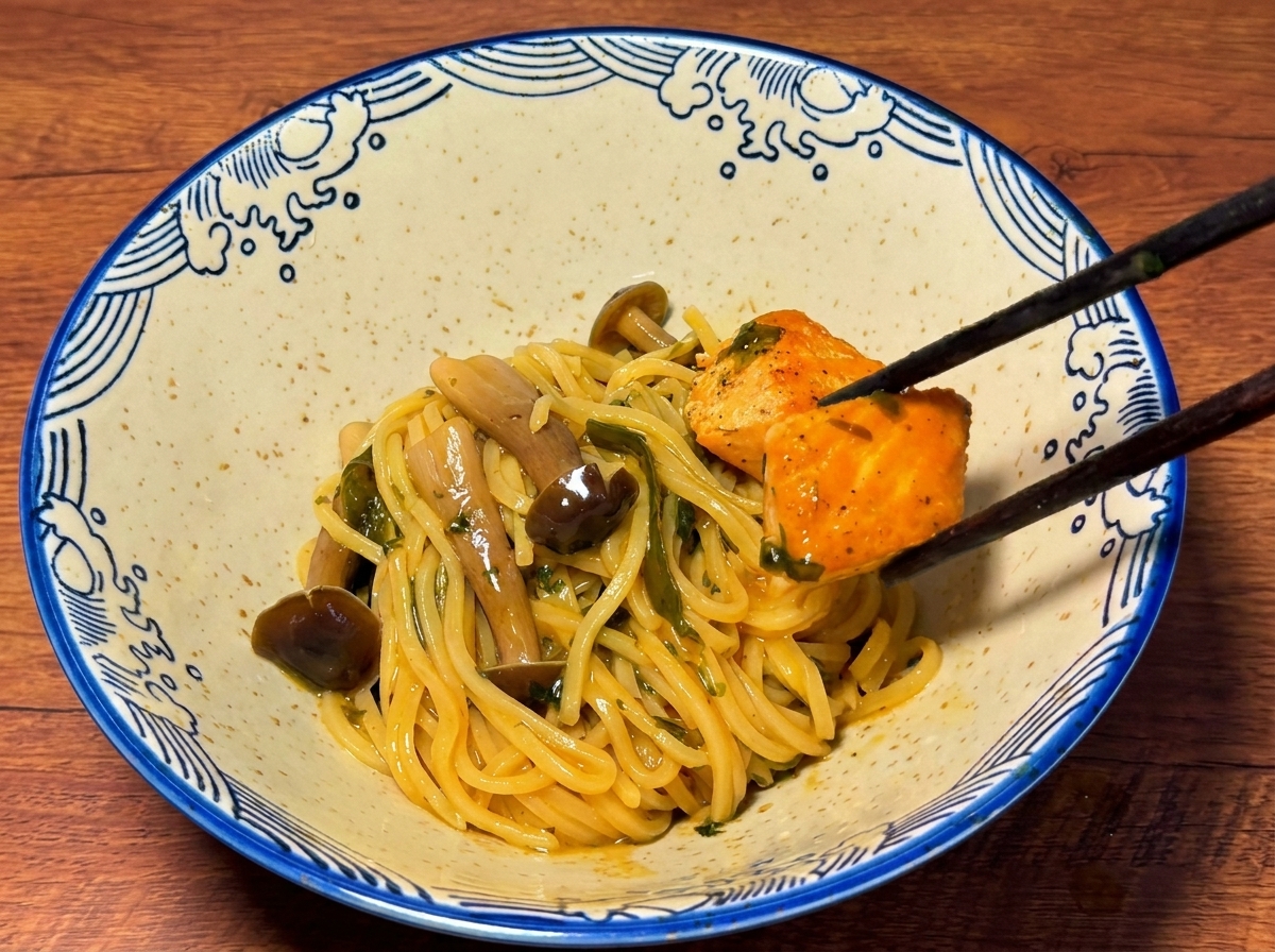 Palillos colocando salmón cocido y fideos en un tazón de estilo japonés con dibujos.