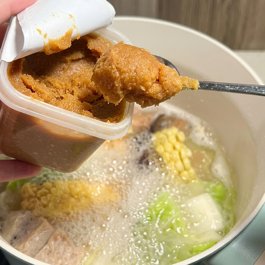 Pasta de miso siendo disuelta en el caldo hirviendo a través de un colador de metal.