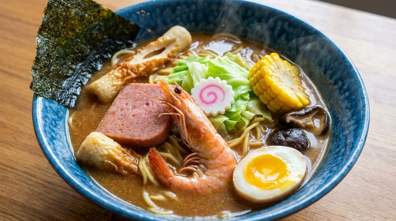 Clásico Ramen de Miso con Camarones y Jamón