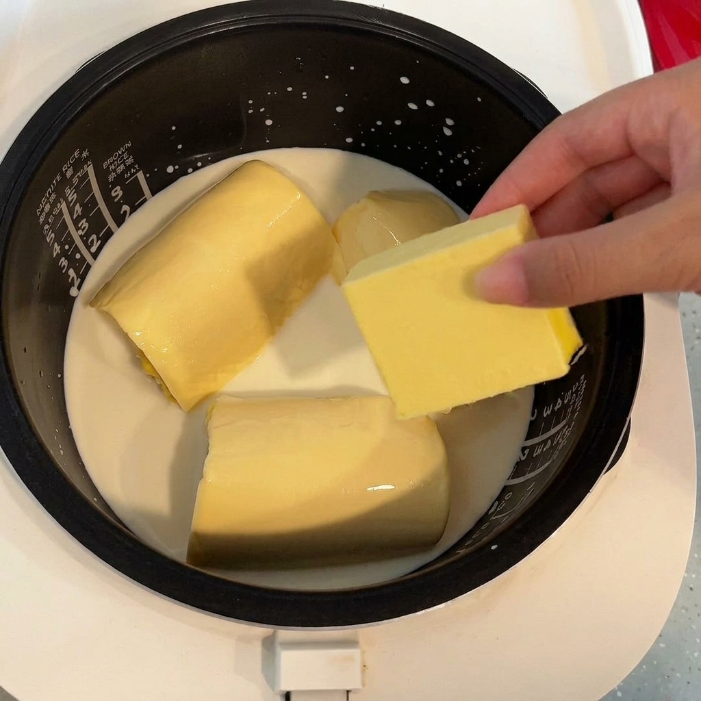 Un trozo cuadrado de mantequilla amarilla reposando sobre la mezcla de maíz y leche en una arrocera.