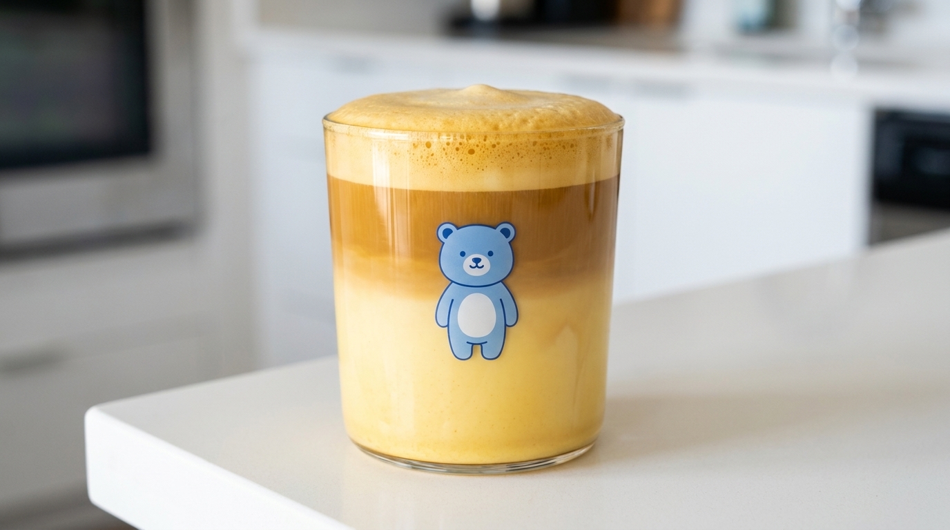 Un latte de mantequilla cremoso y estratificado con un suave acabado de café y una divertida ilustración de oso.