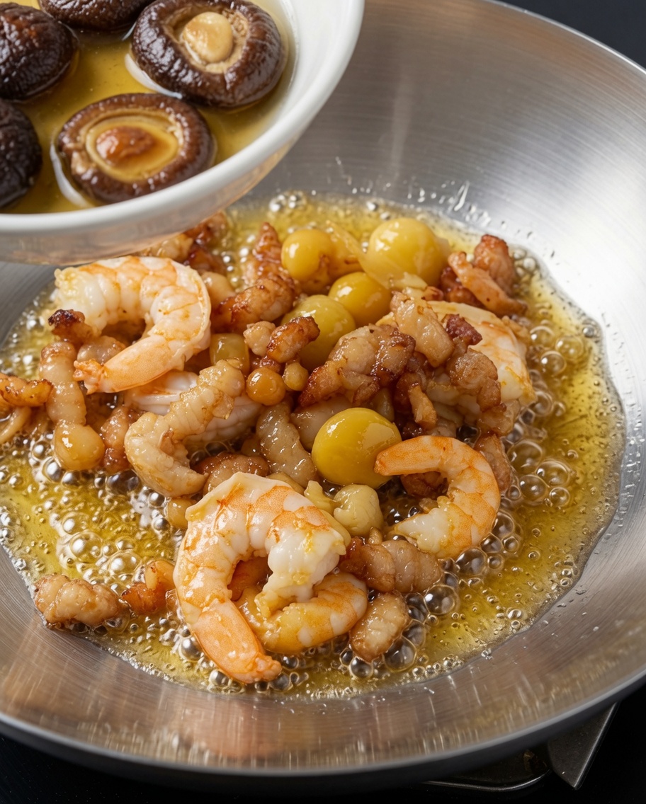 Setas shiitake rehidratadas y su líquido de remojo dorado vertiéndose en el wok con los mariscos salteados.